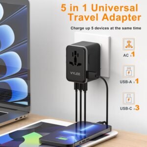 European Travel Plug Adapter, 45W Universal Power Adapter with PD Fast Charging, 5-Port (1 AC/1 USB-A/3 USB-C) International Charger Adapter for Europe, Japan – Travel Essentials (Black)