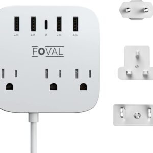 European Travel Plug Adapter, FOVAL EU UK US Power Strip with USB C and 4 USB Ports, 3 AC Outlets, Wall Mountable, 5ft Extension Cord, Compact for Travel, Cruise Ship, Home Office (White)
