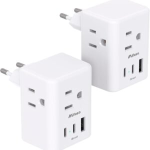 2 Pack European Travel Plug Adapter, Mifaso International Power Plug Adapter with 3 Outlets 3 USB Charging Ports(2 USB C), Type C Plug Adapter Europe Travel Essentials to Spain Italy France