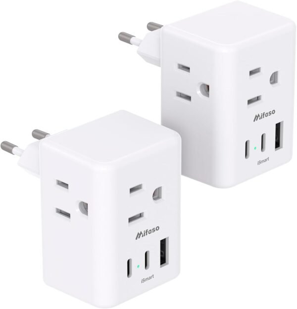 2 Pack European Travel Plug Adapter, Mifaso International Power Plug Adapter with 3 Outlets 3 USB Charging Ports(2 USB C), Type C Plug Adapter Europe Travel Essentials to Spain Italy France