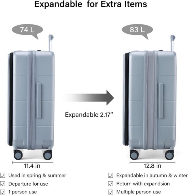 Hanke Hardside Expandable Checked Luggage, 24 Inch Top Opening Trunk Luggages with Spinner Wheels, All-PC Hard Shell Suitcase, Lightweight TSA Checked-Medium(Grey, 83L) - Image 2