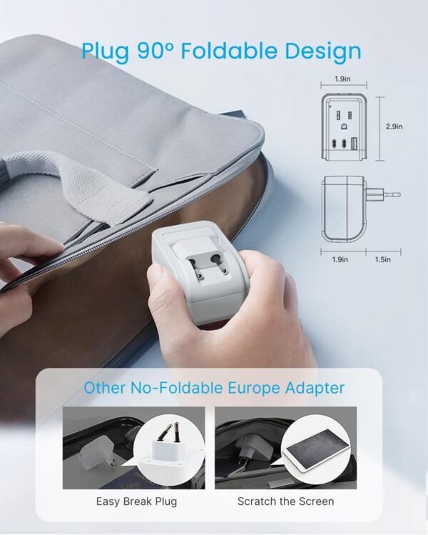 2 Pack European Travel Plug Adapter, VINTAR Foldable International Power Adapter with 2 AC Outlets 3 USB Charging Ports(2 USB C), Type C Power Adaptor to Most Europe Italy Spain France Iceland Germany - Image 2