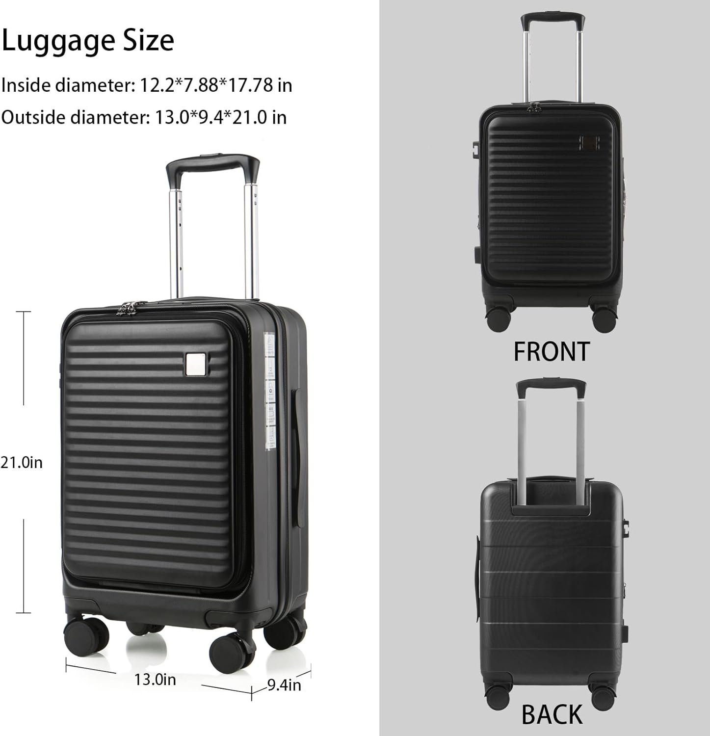 Expandable Carry On Luggage Durable Hardside Lightweight Rolling Suitcases with Spinner Wheels TSA Lock, (Black, 20-Inch) - Image 2