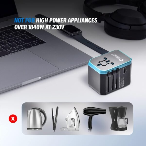 Unidapt Universal Travel Adapter, European Travel Plug Adapter - International Power Adapter Worldwide Charger with USB-C & 4 USB Ports, Travel Essentials for Italy, Japan, Europe, UK (UA-101, Blue) - Image 7