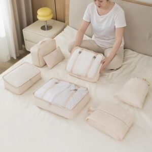 8 Pieces Mesh Packing Cubes for Travel, Luggage Packing Organizers Bags Set, Travel Essentials Suitcases Accessories with Laundry Bag, Storage Shoe Bag, Clothing Underwear Bag (Cream)