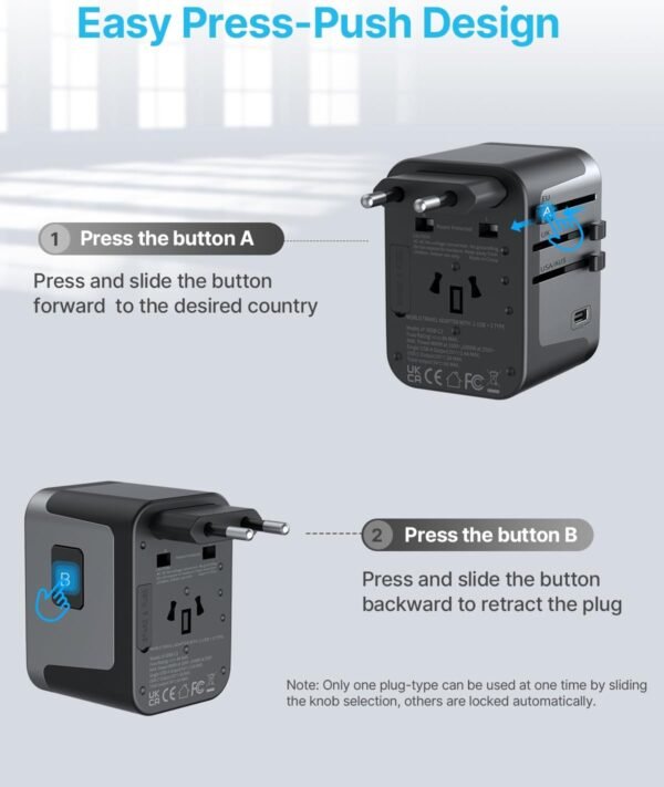Universal Travel Adapter, VINTAR International Power Adapter with 6A 3 USB C and 2 USB Ports, All in One Travel Essentials Plug Adapter, Worldwide Outlet Converter for Europe UK USA AUS(Type C/G/A/I) - Image 3