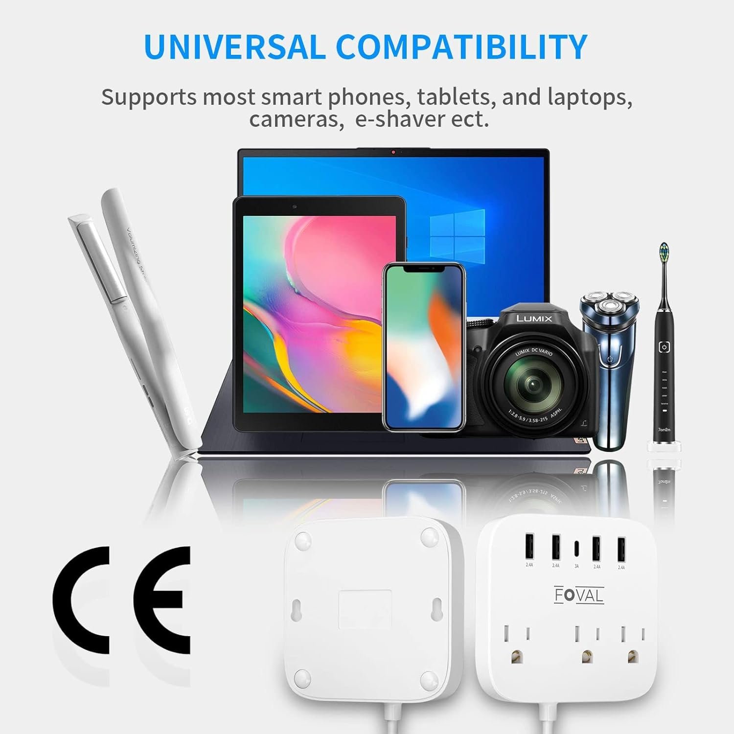 European Travel Plug Adapter, FOVAL EU UK US Power Strip with USB C and 4 USB Ports, 3 AC Outlets, Wall Mountable, 5ft Extension Cord, Compact for Travel, Cruise Ship, Home Office (White) - Image 7