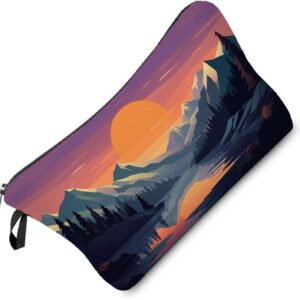 Mountain Landscape Makeup Bag Sunset Mountain Cute Small Organizer Bag Zipper Pouch Flat Design Mountain Sunset Cosmetic Bag Present for Women Friends