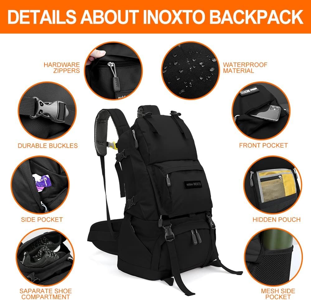 INOXTO 40L Hiking Backpack, Camping Backpack with Waterproof Rain Cover for Men, Outdoor Sport Travel Daypack for Climbing (Black) - Image 2