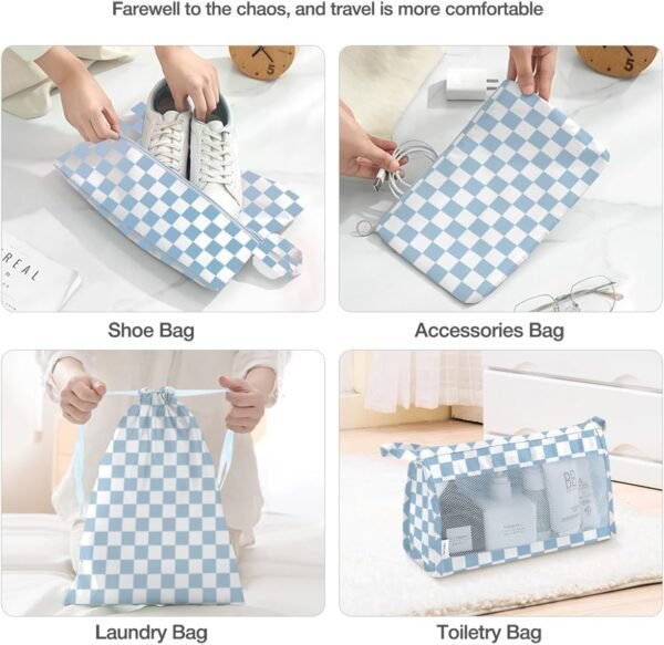8 Set Packing Cubes for Suitcases,Packing Cubes with Shoe Bag, Cosmetics Bag, Clothing Bag, Accessories Bags Packing Cubes for Travel Luggage Organizer Women Men(Blue Checkered) - Image 5