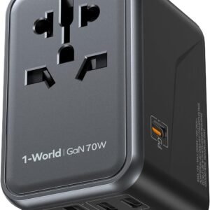 MOMAX Universal Travel Adapter, GaN 70W International Power Adapter, 3 USB-C PD Fast Charging & 2 USB-A QC, 1 AC, All-in-one International Plug Adapter for Travel European UK AUS JP