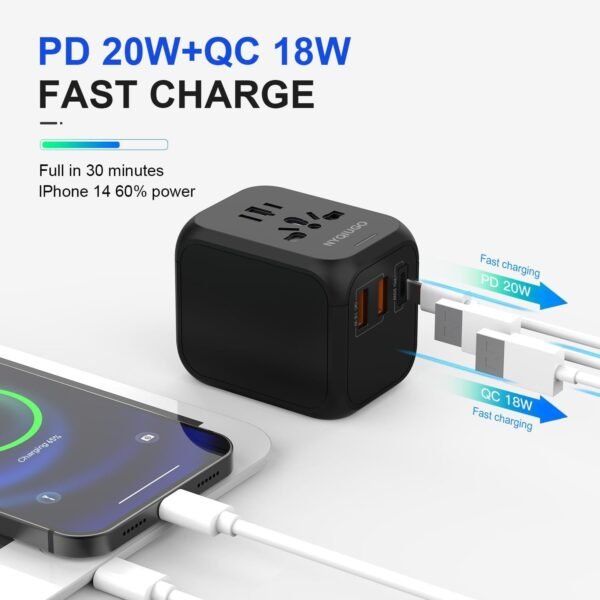 NYQIUGO Universal International Power Travel Plug Adapter with 3 USB Ports (1 USB C), Worldwide Plug Adaptor Wall Charger for USA to Europe UK France Germany Spain Ireland Australia (Type C/G/A/I) - Image 3