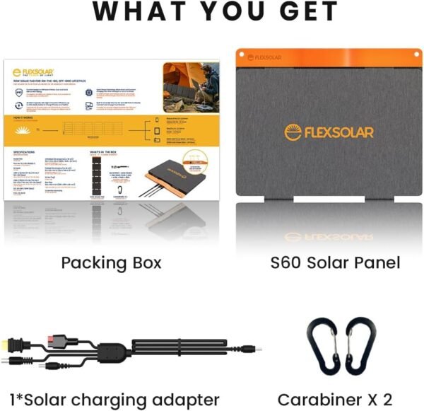 FlexSolar 60W Portable Solar Panels Chargers with PD3.0 USB-C,QC3.0 USB-A and DC Outputs Foldable IP67 Waterproof Power Emergency Camping for Small Power Station Generator,Phones, Power Banks, Tablets - Image 7