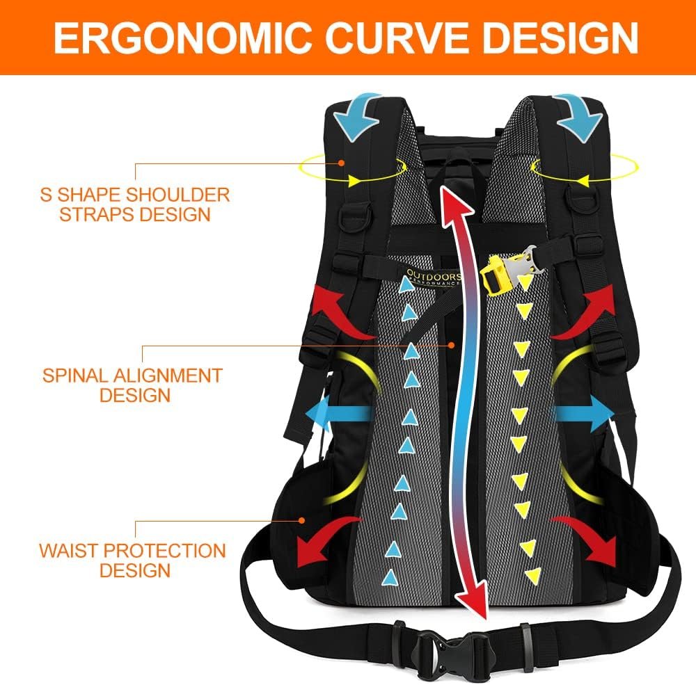 INOXTO 40L Hiking Backpack, Camping Backpack with Waterproof Rain Cover for Men, Outdoor Sport Travel Daypack for Climbing (Black) - Image 3