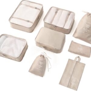 8 Pieces Mesh Packing Cubes for Travel, Luggage Packing Organizers Bags Set, Travel Essentials Suitcases Accessories with Laundry Bag, Storage Shoe Bag, Clothing Underwear Bag (Cream)
