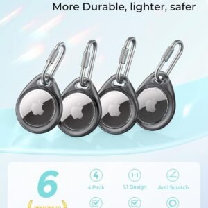 UNBREAKcable Holder for Apple AirTag -4-Pack–[Easy to Install] [All-Round Protection][Anti-Scratch] Heavy-Duty 304 Stainless Steel Keychain with Durable TPU Case for Backpacks/Pets/Luggage