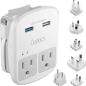 Ceptics Universal Travel Adapter Kit – 2 USA sockets, 2 USB-A (1x QC 3.0) and USB-C cable, Surge Protected, Plugs for EU, UK, China, AU, Japan – Use with Laptop, Phones, Cameras – ETL Tested