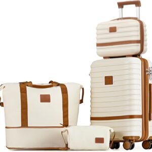 Joyway Carry On Luggage 20 Inch Expandable Suitcase with Spinner Wheel, 4 Piece Hard Shell Luggage Set with TSA Lock(White brown)