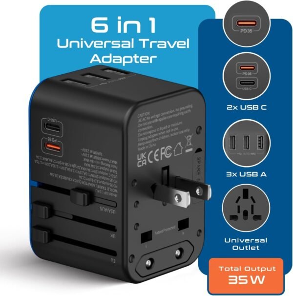 Ceptics Universal Travel Adapter, 35W International Power Adapter with PD & QC 3.0 Dual USB-C, 3 USB Travel Adapter Worldwide, Type I C G A Outlets 110V 220V A/C - EU Euro US UK (11-KU) - Image 2