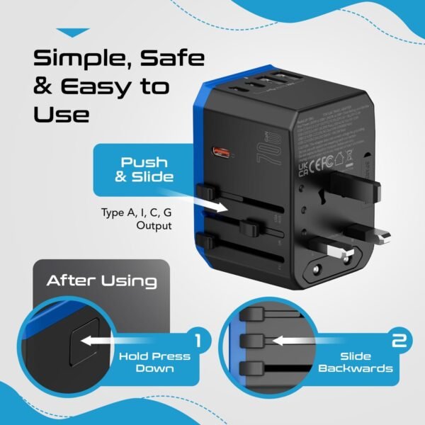 Ceptics 70W World International Travel Plug Adapter - Powerful GaN Tech with Pd & QC 3.0 Dual 3X USB-C Power - 2 USB Ports Wall Charger Type I C G A Outlets 110V 220V A/C - EU Euro US UK (70-KU) - Image 6