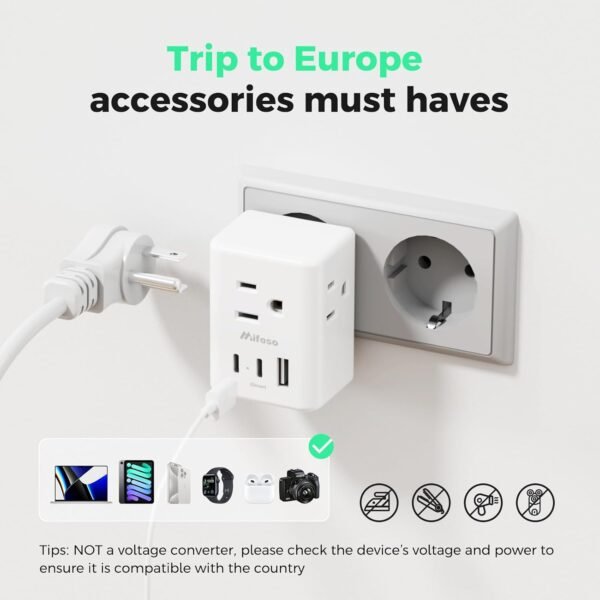 2 Pack European Travel Plug Adapter, Mifaso International Power Plug Adapter with 3 Outlets 3 USB Charging Ports(2 USB C), Type C Plug Adapter Europe Travel Essentials to Spain Italy France - Image 4