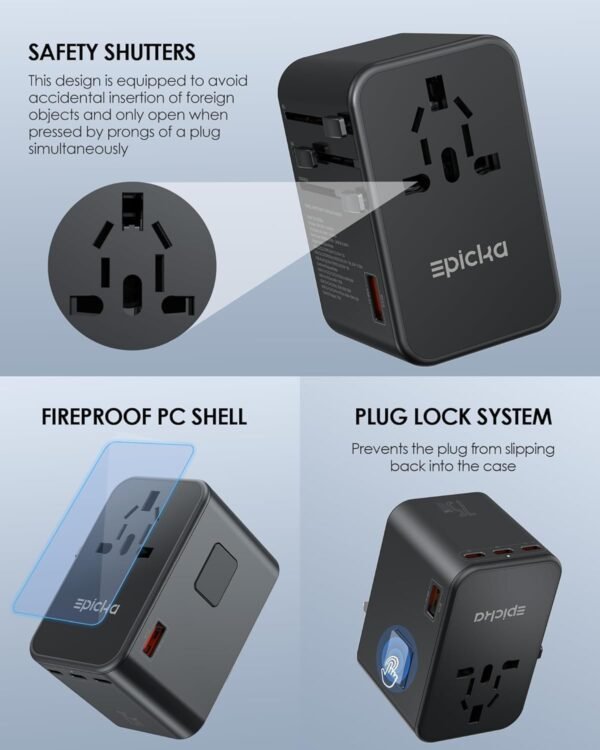 EPICKA Universal Travel Adapter, GaN 75W International Plug Adapter with 3 USB-C PD Fast Charging & 2 USB-A Quick Charging Adaptor All-in-one Wall Charger for USA EU UK AUS (TA-105 Max, Black) - Image 7