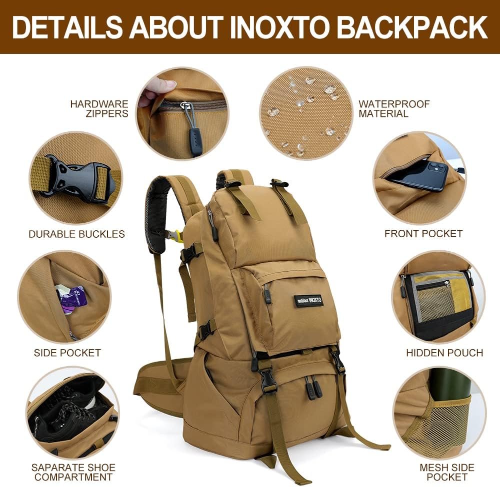 INOXTO 40L Hiking Backpack with Waterproof Rain Cover, Khaki, Unisex - Image 2