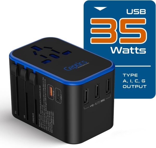 Ceptics Universal Travel Adapter, 35W International Power Adapter with PD & QC 3.0 Dual USB-C, 3 USB Travel Adapter Worldwide, Type I C G A Outlets 110V 220V A/C - EU Euro US UK (11-KU) - Image 7