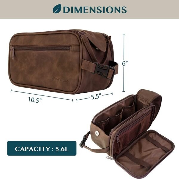 PAVILIA Toiletry Bag for Men, Travel Essentials Shaving Dopp Kit, Mens Travel Bag Toiletries Organizer Case for Grooming, PU Leather Water Resistant Cosmetic Bag Pouch (Dark Brown) - Image 4