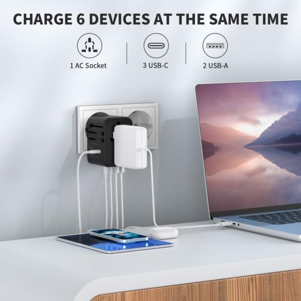 EPICKA Universal Travel Adapter, GaN International Plug Adapter with 3 USB-C 70W PD Fast Charging & 2 USB-A Adaptor All-in-one Wall Charger for USA EU UK AUS (TA-105 Pro, Black) - Image 4