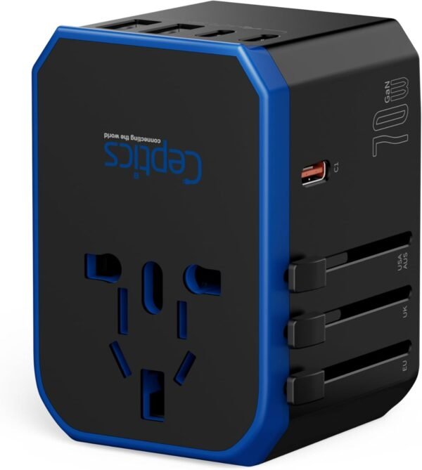 Ceptics 70W World International Travel Plug Adapter - Powerful GaN Tech with Pd & QC 3.0 Dual 3X USB-C Power - 2 USB Ports Wall Charger Type I C G A Outlets 110V 220V A/C - EU Euro US UK (70-KU) - Image 9