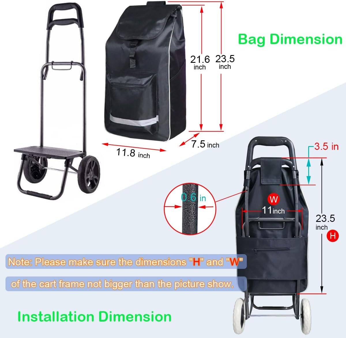 Replacement Bag for Shopping Cart - Waterproof Trolley Bags, 11.8inx7.5inx21.6in (Black) - Image 2