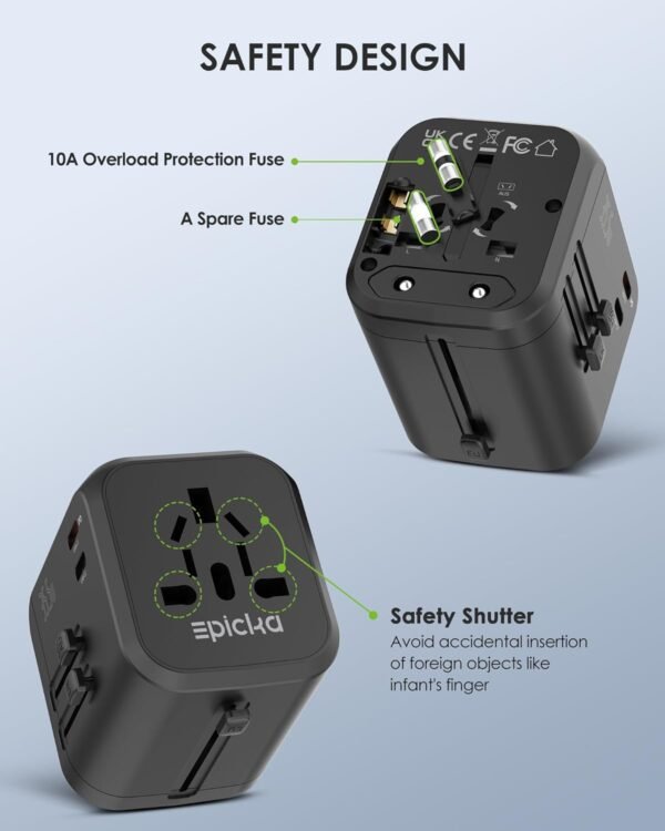 EPICKA 35W Universal Travel Adapter with 2 AC Outlet, European Travel Plug Adapter with PD Fast Charging, 6-Port (2 AC/2 USB-C/3 USB-A) International Power Adapter - Travel Essentials (TA-205, Black) - Image 6