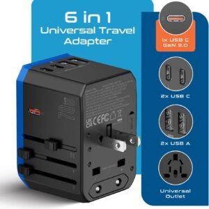 Ceptics 70W World International Travel Plug Adapter – Powerful GaN Tech with Pd & QC 3.0 Dual 3X USB-C Power – 2 USB Ports Wall Charger Type I C G A Outlets 110V 220V A/C – EU Euro US UK (70-KU)