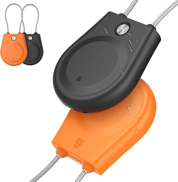 for Apple AirTag Holder, Airtag Lock Case with Wire Cable, IPX8 Waterproof, for Luggage, Key Ring Key Chain Luggage tag Backpack（2 Pack-Orange Black