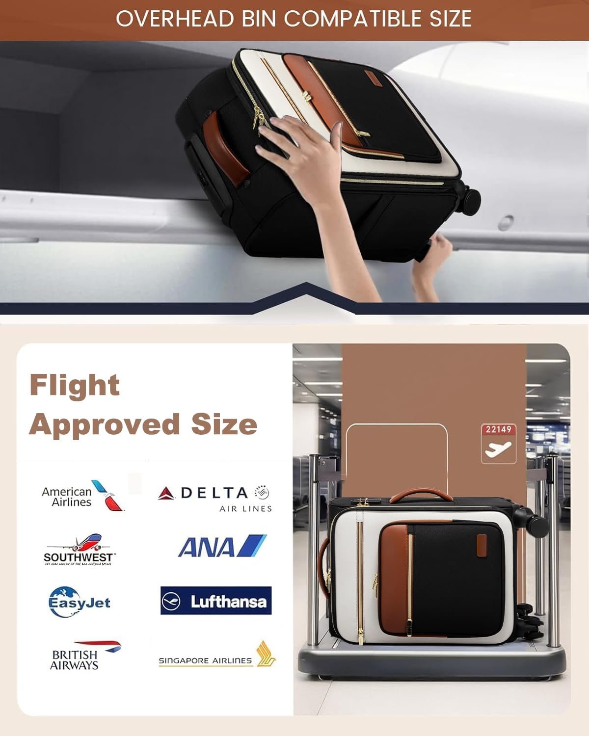 LOVEVOOK Carry on Suitcase 22x14x9 Airline Approved,20 inch Lightweight Waterproof Suitcases with 360° silent swivel wheels, TSA Lock and Compartment, Large Capacity travel Suitcase Black-White-brown - Image 5