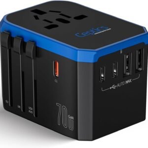 Ceptics 70W World International Travel Plug Adapter – Powerful GaN Tech with Pd & QC 3.0 Dual 3X USB-C Power – 2 USB Ports Wall Charger Type I C G A Outlets 110V 220V A/C – EU Euro US UK (70-KU)