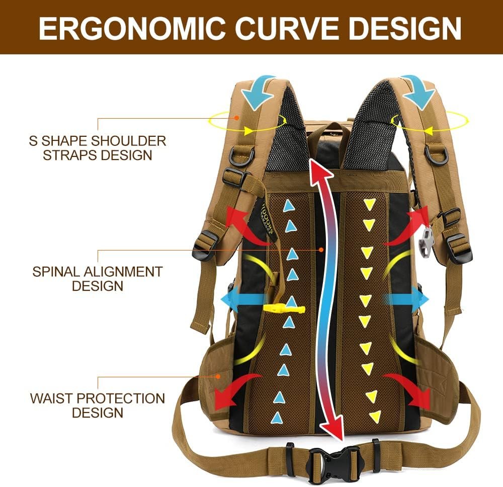 INOXTO 40L Hiking Backpack with Waterproof Rain Cover, Khaki, Unisex - Image 3