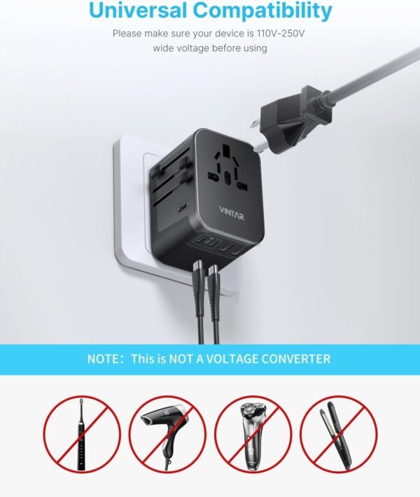 Universal Travel Adapter, VINTAR International Power Adapter with 6A 3 USB C and 2 USB Ports, All in One Travel Essentials Plug Adapter, Worldwide Outlet Converter for Europe UK USA AUS(Type C/G/A/I) - Image 6