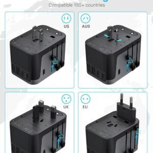Universal Travel Adapter, VINTAR International Power Adapter with 6A 3 USB C and 2 USB Ports, All in One Travel Essentials Plug Adapter, Worldwide Outlet Converter for Europe UK USA AUS(Type C/G/A/I)