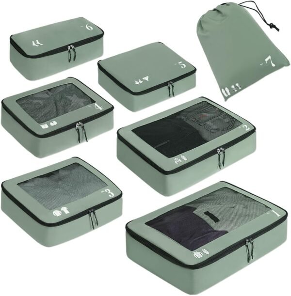 ECOHUB 7 Set Packing Cubes Tear-Resistant Luggage Packing Organizers with Number Icon for Travel Accessories Luggage Suitcase Machine Washable Packing Cubes (Green)