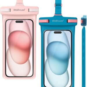 wellhouse Waterproof Phone Pouch Waterproof Phone Case for iPhone 16 15 14 13 12 Pro Max XS Samsung Blue & Pink7.0 | IPX8, 3D Cellphone Dry Bag, Beach Essentials, 2 Pack, 7 inch