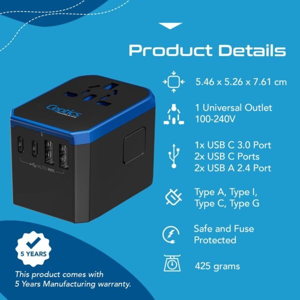 Ceptics 70W World International Travel Plug Adapter - Powerful GaN Tech with Pd & QC 3.0 Dual 3X USB-C Power - 2 USB Ports Wall Charger Type I C G A Outlets 110V 220V A/C - EU Euro US UK (70-KU) - Image 4