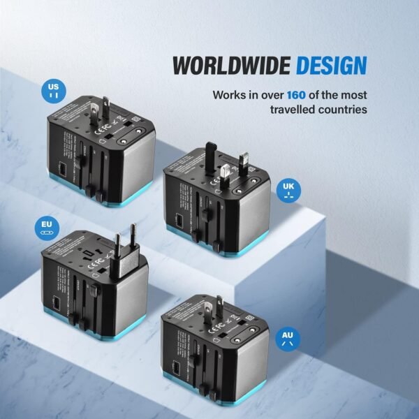 Unidapt Universal Travel Adapter, European Travel Plug Adapter - International Power Adapter Worldwide Charger with USB-C & 4 USB Ports, Travel Essentials for Italy, Japan, Europe, UK (UA-101, Blue) - Image 4