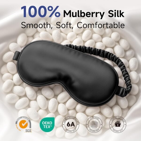 Umisleep 100% Pure Mulberry Silk Sleep Mask, 22 Momme 6A Soft & Smooth Fibers, Breathable Eye Mask for Women & Men, Better Light Blocking Sleeping Mask with Travel Pouch, Adjustable Blindfold, Black - Image 2