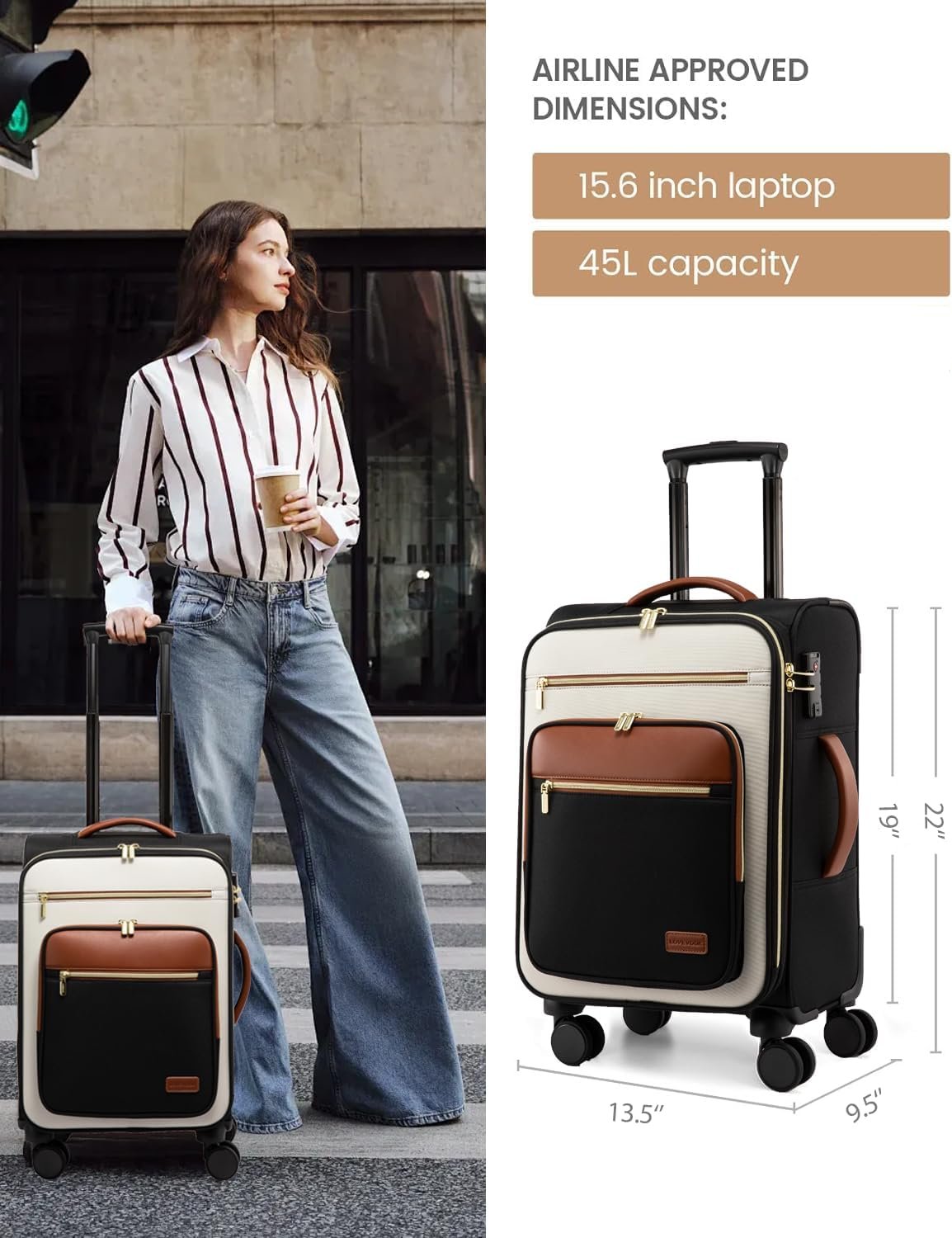 LOVEVOOK Carry on Suitcase 22x14x9 Airline Approved,20 inch Lightweight Waterproof Suitcases with 360° silent swivel wheels, TSA Lock and Compartment, Large Capacity travel Suitcase Black-White-brown - Image 7