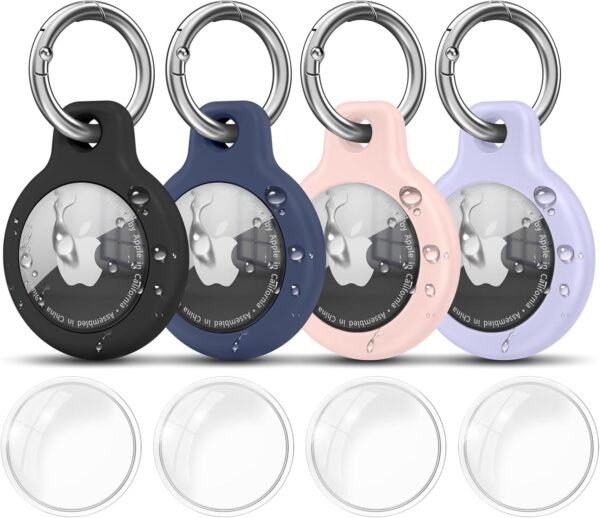 Waterproof Airtag Holder with Apple Airtag Keychain 4 Pack, Hard PC AirTag Case, Anti-Scratch Airtag Case for GPS Item Finder Tracker,Luggage,Pet Collar,Key Ring (Black/Blue/Pink/Lilac Purple)