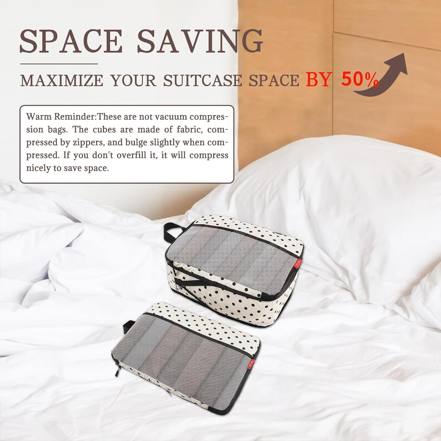 U+U 4 Set Compression Packing Cubes - Ultralight Travel Organizers with Laundry Bag, Space-Saving Suitcase Organizer, Expandable Packing Cubes for Travel, Business Trip and Family Vacation (Polka Dot) - Image 4