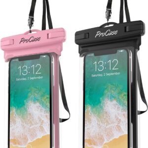 ProCase 2 Pack Waterproof Phone Pouch, Underwater Phone Case Up to 7″, Dry Bag for iPhone 16 15 14 13 Pro Plus Max, Galaxy S24 S23 S22 Ultra Pixel, Beach Essentials -Pink & Black