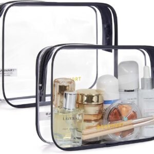 BAGSMART Clear Toiletry Bag, 2 Packs TSA Approved Water resistant Quart Size Travel Organizer, Airport Airline Travel Essential Carry On Makeup Cosmetic Bags for Women, Black